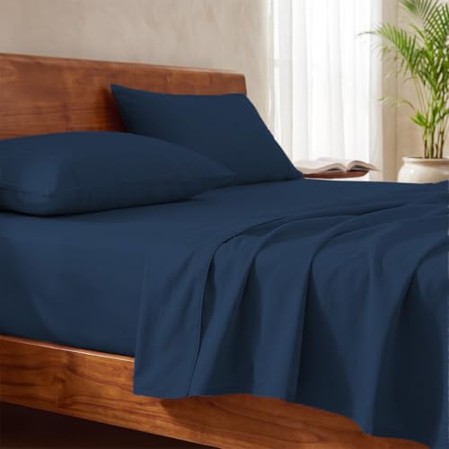 Image of LANE LINEN 100% Organic Cotton Bedsheet for Double Bed Queen - Estate Blue | GOTS Certified, Percale Weave, 90x100 inches, Soft & Breathable, Machine Washable, Includes 2 Pillow Covers
