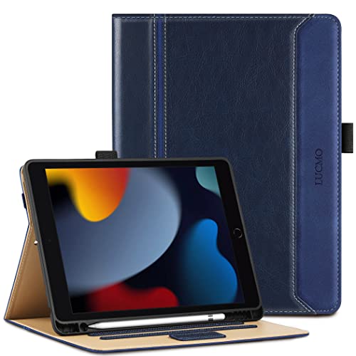 LUCMO Hülle Kompatibel mit iPad 9./ 8./ 7. Generation 10.2 Zoll 2021/2020/2019, PU Leder Schutzhülle mit Stifthalter, Seitentasche und Kartenfach, Smart Cover mit Auto Sleep/Wake Funktion (Blau)