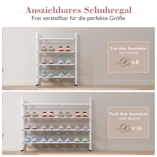 Image of Bumusty 4-Tier Expandable Shoe Rack for Closet, 18 inch-33 inch Adjustable Shoe Rack for Small Space, Small Shoe Organizer for Front Door, Sturdy Metal, White