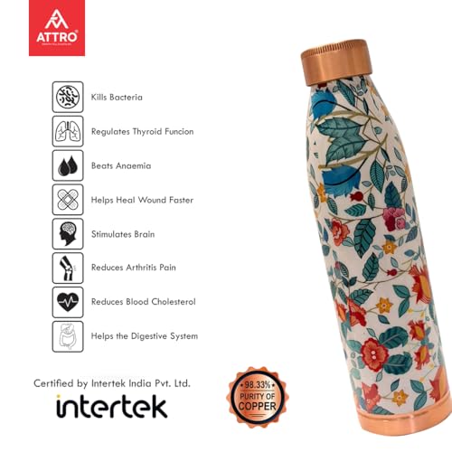 Image of ATTRO Slim Copper Bottle Design Boosts Immunity Leakproof & Lightweight |Anti-Bacterial, BPA Free with Secure Cap for School, Travel, Gym & Work 1000ml Floral Fantasy