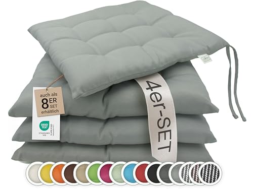 ZOLLNER 4er Set Sitzkissen in 40x40cm - gemütliche Stuhlkissen mit Bindebänder - waschbar bis 30°C - in grau - Oeko Tex® Zertifiziert