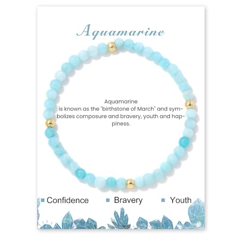 GoPaw Edelstein Armband Damen, 4mm Naturstein Armband Perlenarmband Damen Turmalin Armbands Karneol Armbands für Mama Tochter Oma Enkelin Schwester (Aquamarin)