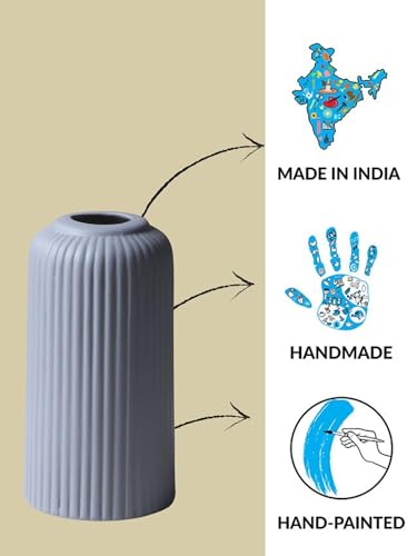 Image of KREATIVE ART'S Modern Ribbed Design Ceramic Flower Vase for Living Room, Flower Pots for Artificial Flower, Home Decoration Item, Home Decor, Vases for Living Room (Grey, Small)