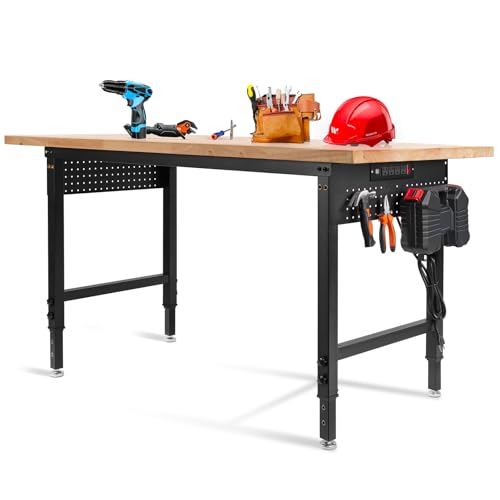 Image of 60 inch Heavy Duty Work Bench, Adjustable Workbench, 2000 LBS Load Capacity Rubber Wood Work Table with Pegboard, Power Outlets, Work Benches for Garage, Workshop, Office, Home, Commercial