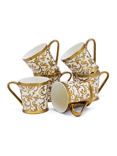 Image of Clay Craft Fine Ceramic Gold Print Design Tea Cups /Mugs Set of 6-180 ml Each (Peter E696), Tea Cup Set of 6, Mugs for Coffee, Cups Set of 6, Mug Set, Ideal for Gifting, Perfect for Home and Office