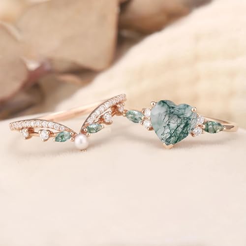 High-grade Vintage Moss Agate Engagement Ring Set Custom Inspired Art Deco Green Agate Sterling Silver 10K/14K/18K Gold Wedding Rings for Women Available in Yellow/Rose/Black/White Gold2