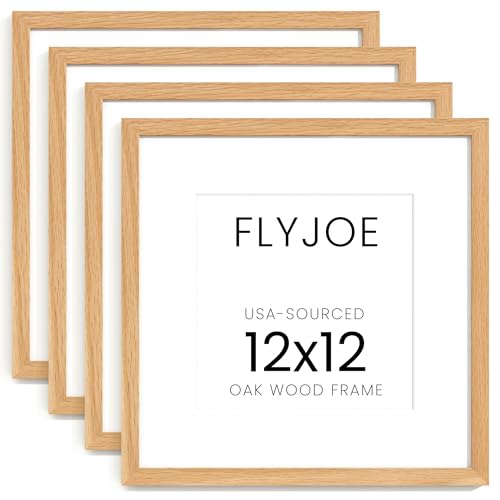 Image of FLYJOE 12x12 Oak Wood Square Picture Frame with Mat for 8x8, 12 by 12 USA-Sourced Natural Solid Wooden Photo Frame for Wall Display, Shatterproof Plexiglass, Hanging Hardware Included, 4 Pack, Natural