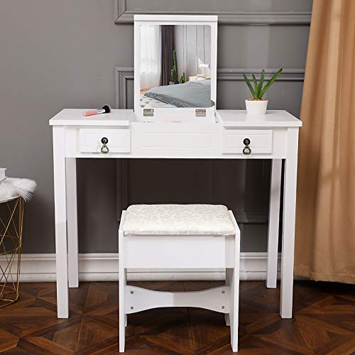ZDMATHE Vanity Set with Flip Top Mirror Makeup Dressing Table Writing Desk with 2 Drawers Cushioned Stool, Vanity Makeup Table with Removable Organizers (White)