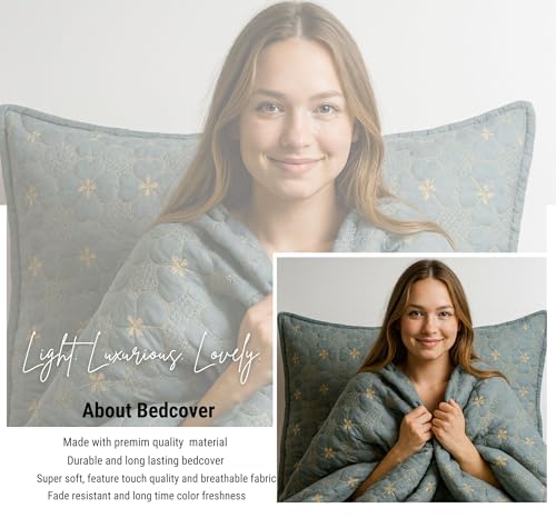 Image of VAS COLLECTIONS 100% Cotton Quilted Bedcover Set, 280 TC Soft & Lightweight King Size (90x100 in / 228x254 cm), Coverlet with 2 Pillow Covers (Steel Blue)
