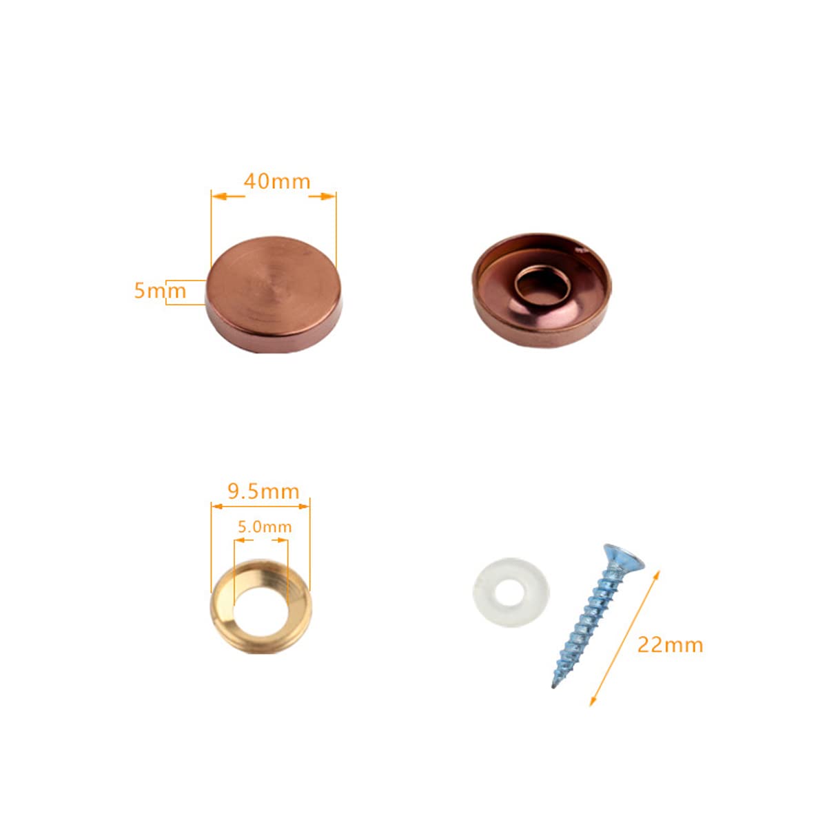 Edelstahl-Spiegelschrauben, Durchmesser 40 mm, flache Abstandshalter, dekorative Kappenabdeckungen, Spiegel, selbstschneidende Schrauben, Kappennagel, Roségold, 8 Stück