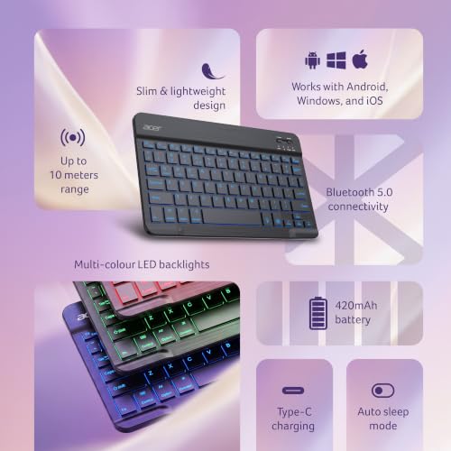 Image of Acer Nano Pad Slim Wireless Backlit Keyboard | Bluetooth 5.0 | Multi-Device Support | RGB Backlit Keys with Color Switch & Brightness Control | 420mAh Battery | Win, Android, iOS & Mac
