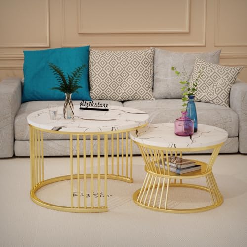 Image of RIZIK Store Iron Frame Handmade 20.5 inch x 20.5 inch Round Coffee Table /Nesting Table /Side Table /Center Table with Engineered Wood Top for Living Room /Drawing Room /Balcony (White Gold)