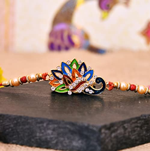Image of Peacock Colorful Feathers Designer Rakhi with Roli Pack - Rakhi for Brother, Bhaiya, Bhai