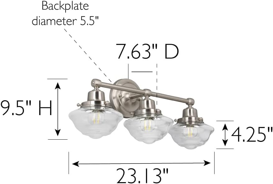 Design House Vintage-Inspired Schoolhouse 3-Light Dimmable Vanity Light, 23.125 in x 7.625 in x 9.5 in, Satin Nickel, Clear Seeded Glass Shades, 589143-SN