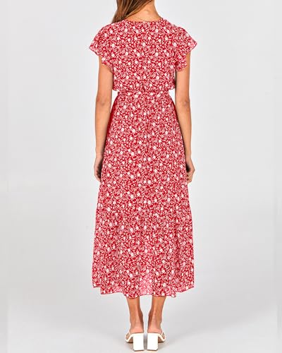 Image of BTFBM Women Summer Bohemian Floral Casual Wrap V Neck Ruffle Cap Sleeveless Belt A-Line Pleated Hem Midi Sun Dress White