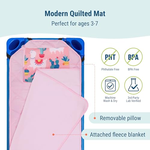 Image of Wildkin Modern Kids Nap Mat with Pillow for Girls - Cotton Blend, Elastic Straps, Toddler Sleep Mat for Daycare, Preschool, Kindergarten & Travel, Ages 3-7, Machine Washable - Llamas and Cactus Pink