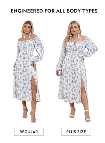 Image of BLENCOT Womens Casual Square Neck Long Sleeve Boho Floral Midi Dress Print Side Split Dresses