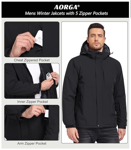 Image of Mens Skiing Jackets Winter Waterproof Snow Jackets Fleece Lined Insulated Heavy Parka Jackets Coats with Hoode