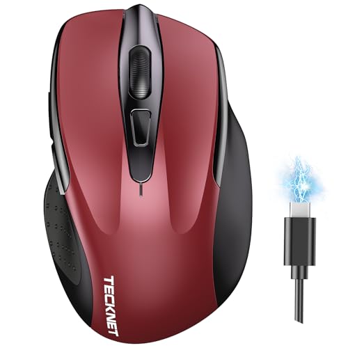 Image of TECKNET Wireless Mouse, BT 5.0 /2.4G, Rechargeable 6-DPI Silent, Red | Bluetooth 5.0 /3.0 & USB A, 2-Device Easy Switch, Wide OS Compatible, 6 Buttons, 6-DPI up to 4800, Ergonomic for S to M Hands