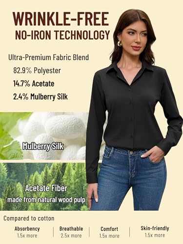 COUXILY Soft Non-Iron & Wrinkle-Free Womens Button Down Shirts with Mulberry Silk Long Sleeve Blouse Casual Work Tops3