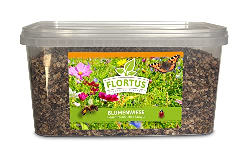 FLORTUS – Blumenwiese Saatgut für Bienen, Hummeln & Schmetterlinge – 10 Liter Eimer Wildblumenwiese Samen für 1.000-2.000 m² – bunte Wildblumensamen Mischung für eine insektenfreundliche Blumenwiese