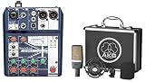 AKG C214 Professional Large-Diaphragm Studio Condenser Microphone Recording Mic Bundle with Soundcraft Notepad-5 Channel Podcast Mixer Podcasting Interface w/USB for Mac/PC