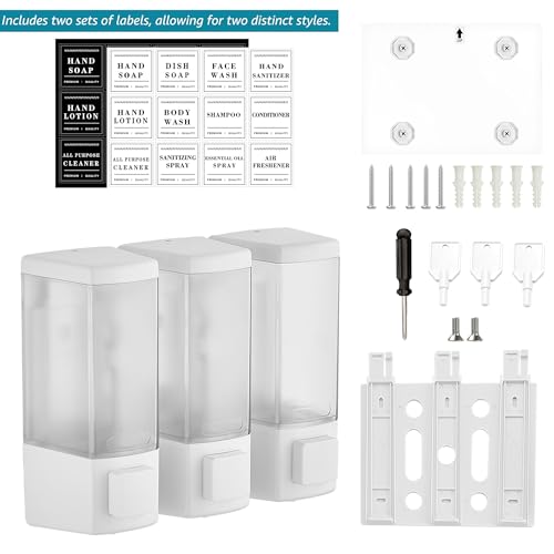 Image of Shampoo and Conditioner Dispenser for Shower, 3 Chamber, White | Wall Mounted, No Drill, 3x16.9oz, ABS Plastic Material, Refillable With Labels, For Bathroom Hotel