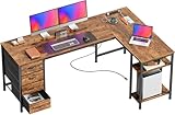 Huuger 63 Inch L Shaped Desk with Fabric Drawers, Computer Office Desk with Power Outlets...