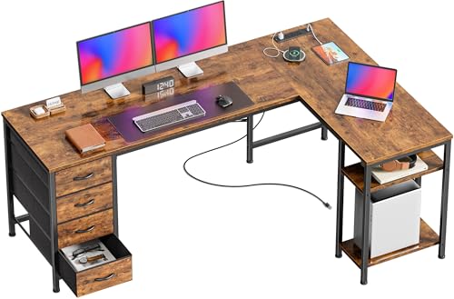 Huuger 63 Inch L Shaped Desk with Fabric Drawers, Computer