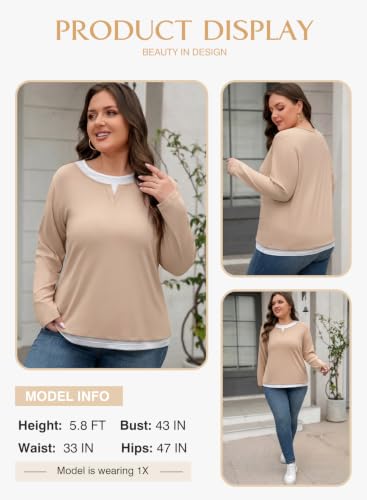 Image of Eytino Women Plus Size Fall Tops Patchwork Shirts(1X-5X) | Casual Crewneck Long Sleeve,Fashion Color Block Basic Tees,Loose Fit Blouse