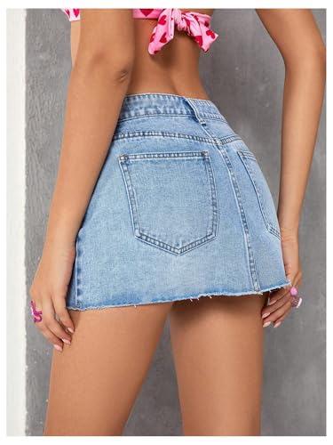 Women's Raw Hem Mini Denim Skirt Summer Single Button Front Jean Skirts2