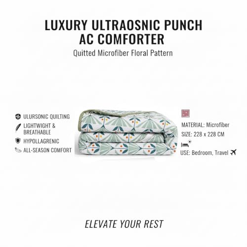 Image of IVAZA Luxury Ultrasonic Punch AC Comforter Blanket - Quilted Microfiber Floral Pattern, Lightweight Breathable All‑Season Blanket for Bedroom, Travel (Singled Bed,228x152 CM) (Green White
