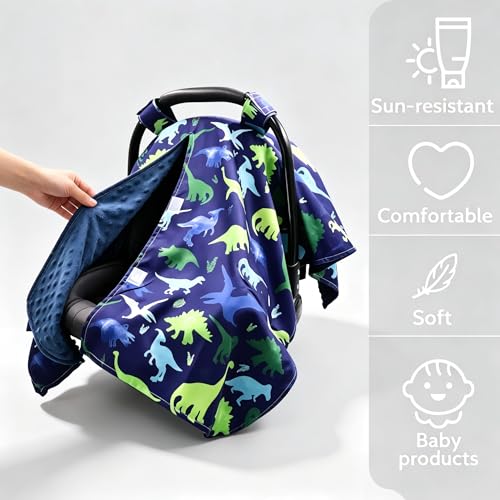 Image of TANOFAR Car Seat Cover Baby, Minky Infant Car Seat Cover for Privacy Nursing, Peekaboo Opening Infant Car Seat Cover, Must-Have Baby Gift, Blue Dinosaur