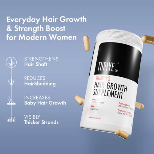 Image of ThriveCo Women's All-in-one Hair Vitamin with Biotin, Omega 3, Vitamin-E, Ashwagandha and Natural Extracts, 60 Capsules | Best Hair Growth Vitamin For Hair Fall Control, Regrowth & Follicle Strength | 100% DRUG FREE