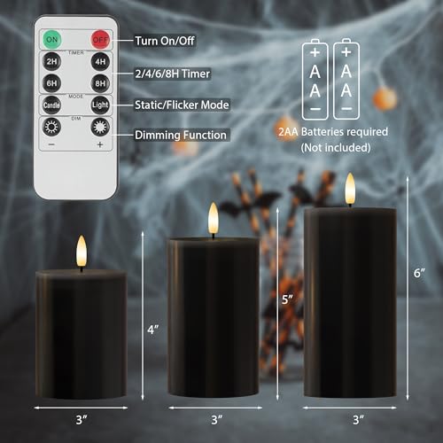 Image of Black Flameless Candles, Halloween Candles with Remote, Battery Operated Gothic LED Candles, Real Wax Flickering Flameless Pillar Candles for Home, Party, Halloween, 3 Pack