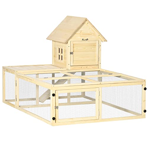 PawHut Clapier en Bois enclos pour Animaux Villa pour Lapin 2 Niveaux avec Aire de Course Rampe et Portes verouillables 151,5 x 106 x 97 cm
