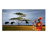African Wall Art for Living Room, Landscape of Black Women with Baby Canvas Prints, African Elephant and Giraffe Under the Tree in the Field, Africa Paintings Decor (Waterproof Artwork, 16x32)