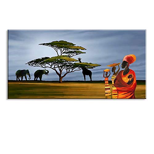 African Wall Art for Living Room, Landscape of Black Women with Baby Canvas Prints, African Elephant and Giraffe Under The Tree in The Field, Africa Paintings Decor (Waterproof Artwork, 16x32)