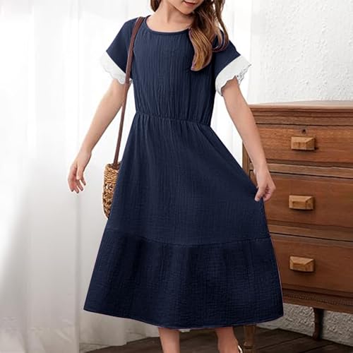Girls Short Sleeve Dresses Cute Lace Semi Formal Dress Casual Summer Crew Neck Tiered Flowy Dress Cotton Linen Outfits4