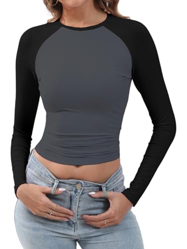 Abardsion Women's Long Sleeve Shirts Y2K Slim Fit Stretchy Slightly Crop Tops