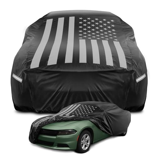 Image of Motor Trend Black USA Flag Waterproof Car Cover - All Weather Outdoor Protection, UV Resistant, Windproof, Scratchproof - Semi-Universal Fit Sedan Full Car Cover for Sun Rain Snow (191 inch- 210 inch Length)