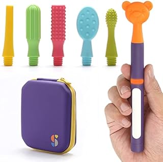 Special Supplies Buzz Buddy Oral Stimulation kit with 6 Soft Textured Interchangeable Heads, Calm Sensory Needs, Support Speech, and Stimulate Self Feeding, Gentle Vibrations