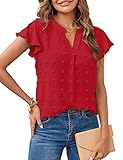 MEROKEETY Women Casual V Neck Flutter Short Sleeve Blouse Swiss Dot Loose Tunic Shirt Top Red Medium