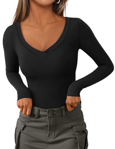 PRETTYGARDEN Long Sleeve Shirts for Women 2025 Fall Fashion V Neck Going Out Tops Slim Fit Basic Tees Y2K Clothes