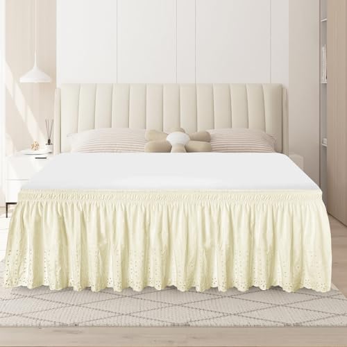 ANARACHON Twin Bed Skirt, Wrap-Around Elastic Ruffled Eyelet Bed Skirt Twin Size Dust Ruffle with Gathered Styling and Embroidered Details, 18" Drop Length (Light Yellow)