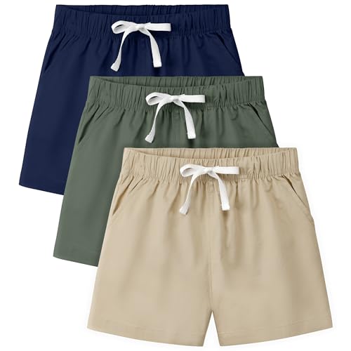Cooraby Toddler Boys Shorts – 3‑Pack Elastic Waist Chino Cargo Uniform, Soft Cotton with Drawstring Pockets, Sizes 2T‑5T