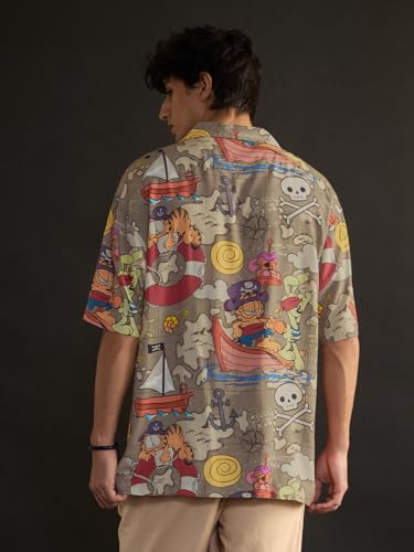 Image of The Souled Store Garfield: Pirate's Cove Men and Boys Short Sleeve Spread Collar Button Front Beige All Over Printed Rayon Oversized Shirts