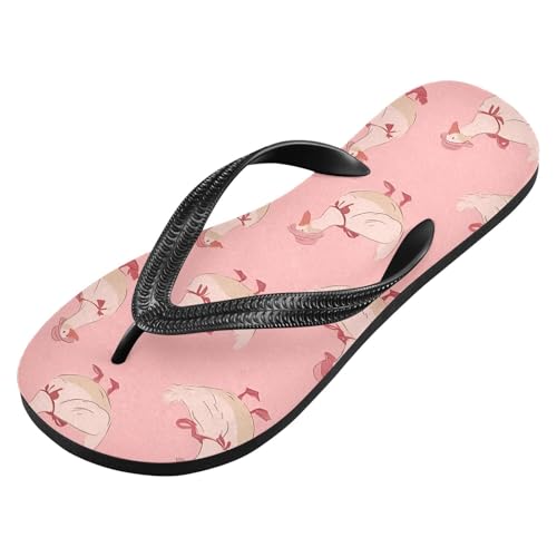 ALAZA Cute White Ducks Pink Flip Flops for Women Fashion Beach Slippers Comfort Mens Flip Flops Non-Slip Rubber Shower Slippers Sandal for Hotel Travel Sport,XS2