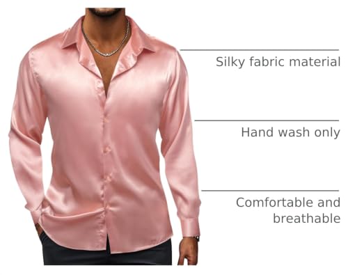 Image of Hi-Tie Men's Silk Satin Dress Shirts Long Sleeve Shiny Casual Button Up Shirts Luxury Party Disco Prom Wedding Shirt
