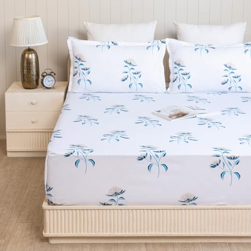 Image of HOMEMONDE Queen Size Bedsheet | Cotton Flat Sheet with Two Pillow Covers | 186 TC |Floral Design|Soft & Breathable Bed Sheet for Queen Size Bed (90 x 100 Inch /229 x 254 cm, Turquoise & Blue)